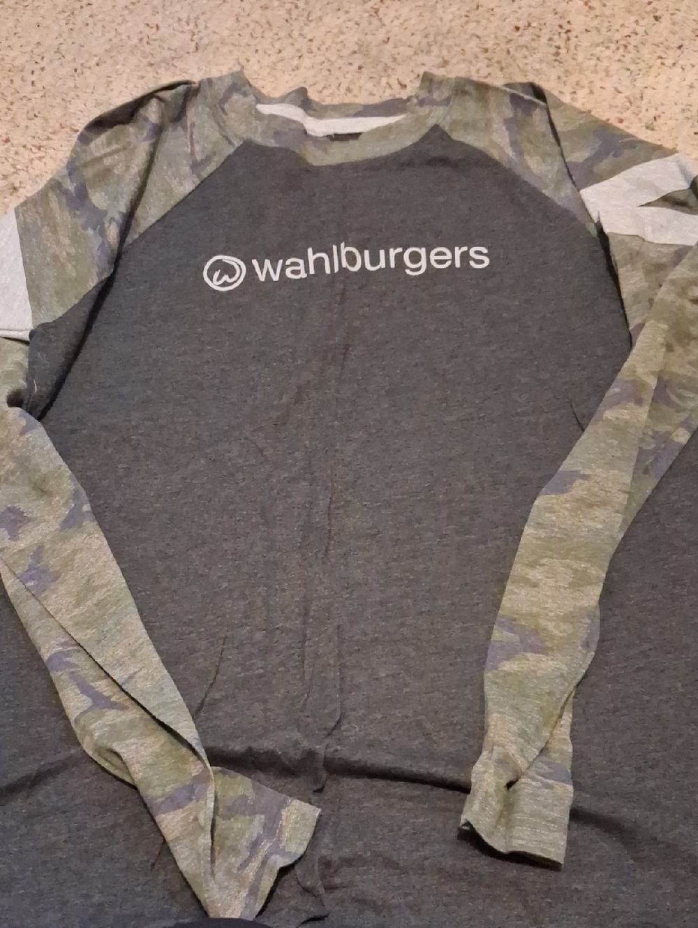 Wahlburgers Long Sleeve Raglan Tee - Charcoal with Camo Sleeves